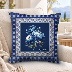 Chic Blue Chinoiserie Floral Monogram Gift Throw Pillow