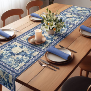 Chic Blue Chinoiserie Toile Floral Monogram Short Table Runner