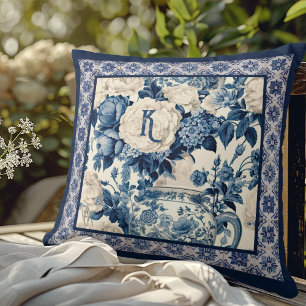 Chic Blue Chinoiserie Toile Floral Monogram Throw Pillow