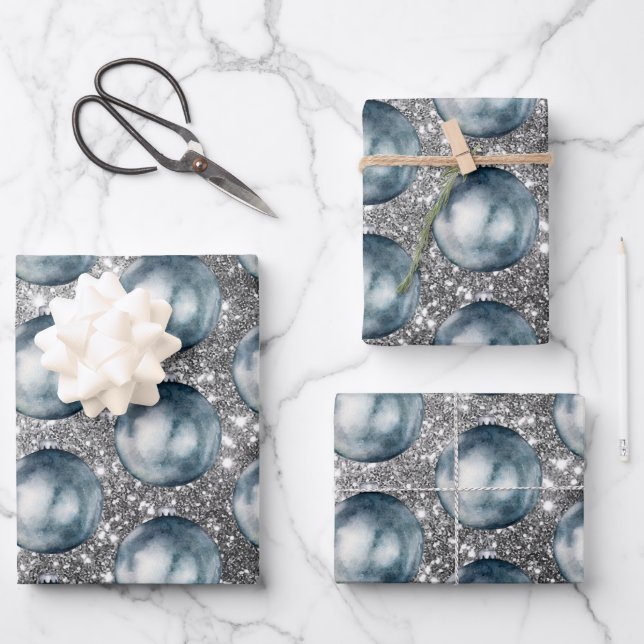 Chic Blue Christmas Balls Silver Sprakles Wrapping Paper Sheets (Front)