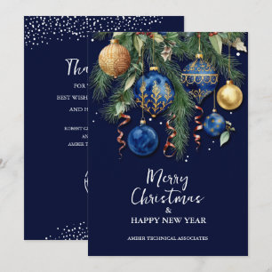 Chic Blue Christmas Tree Ornaments Business Holiday Card