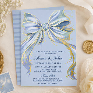 Chic Blue Couture Watercolor Bow Boy Baby Shower  Foil Invitation
