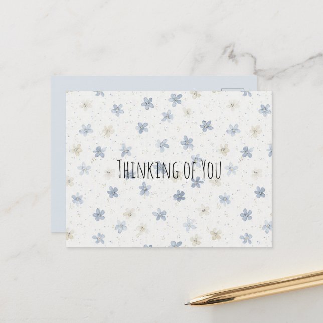 Chic Blue Cream Flowers Thinking of you Postcard (Front/Back In Situ)