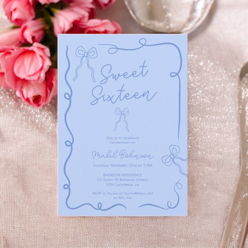 Chic blue cute bows ribbons illustrations Sweet 16 Invitation