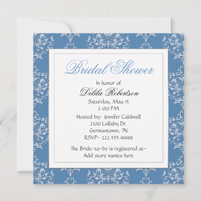 Chic Blue Damask Bridal Shower Invitation (Front)