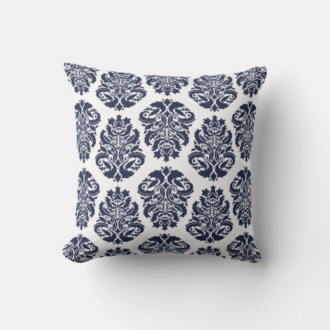 Chic Blue Damask Throw Pillow (Front)