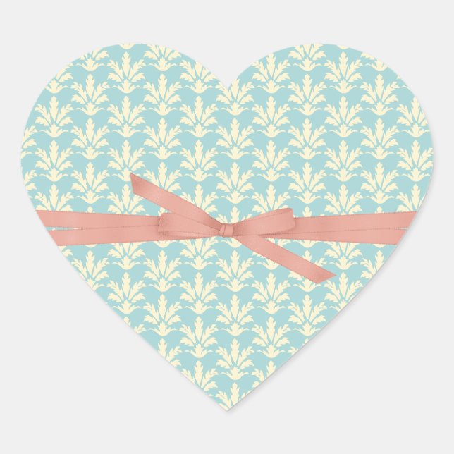 Chic Blue Damask with Pink Bow Heart Sticker (Front)