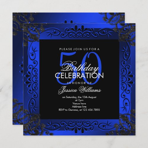 Chic Blue Decorative Framed 50th Birthday Invitation