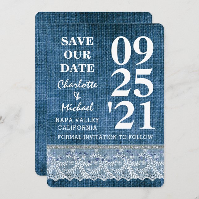 Chic Blue Denim Lace Modern Save The Date Invitation (Front/Back)