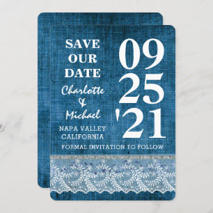 Chic Blue Denim Lace Modern Save The Date Invitation