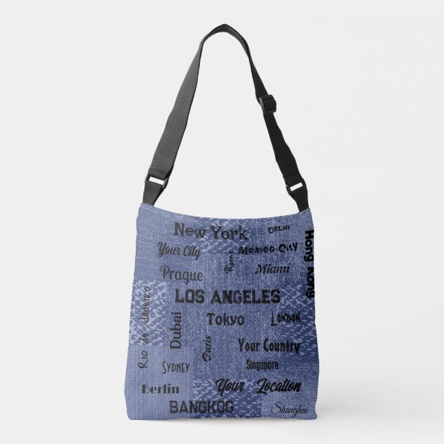 chic blue denim mega cities of the world  throw pi crossbody bag (Front)