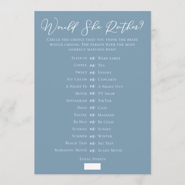 Chic Blue Downloadable Bridal Shower Guess Game Card (Front)