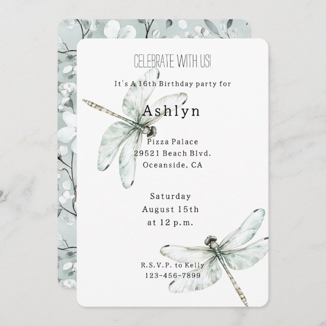 Chic Blue Dragonflies Birthday   Invitation (Front/Back)