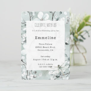 Chic Blue Dragonfly Dream Floral Birthday Invitation