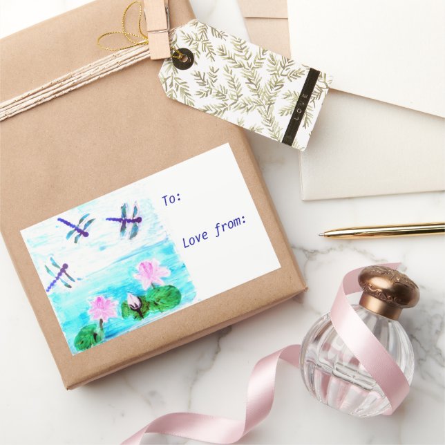 Chic Blue Dragonfly Pink Waterlily Pond Rectangular Sticker (Gifting)