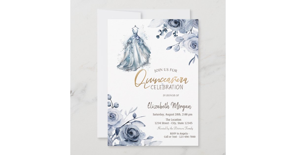 Chic Blue Dress Blue Roses Quinceañera Invitation | Zazzle