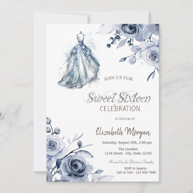 Chic Blue Dress Blue Roses Sweet 16 Invitation (Front)