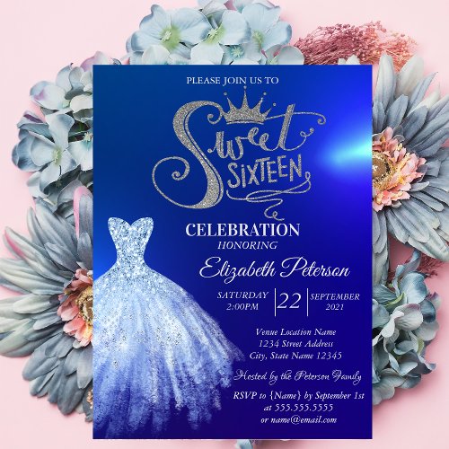 Chic Blue DressDiamonds Blue Sweet 16  Invitation