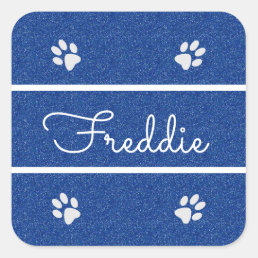 Chic Blue Faux Glitter Customized Cat Dog Pet   Square Sticker