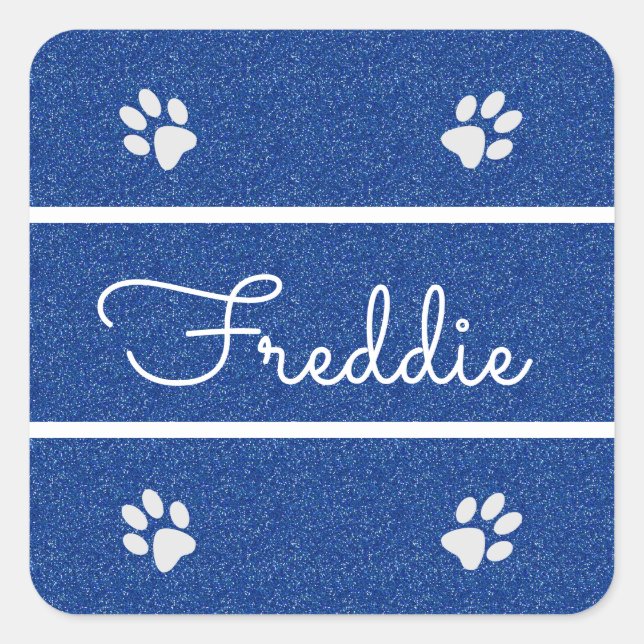 Chic Blue Faux Glitter Customized Cat Dog Pet   Square Sticker (Front)