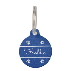 Chic Blue Faux Glitter Customized Cat Pet ID Tag
