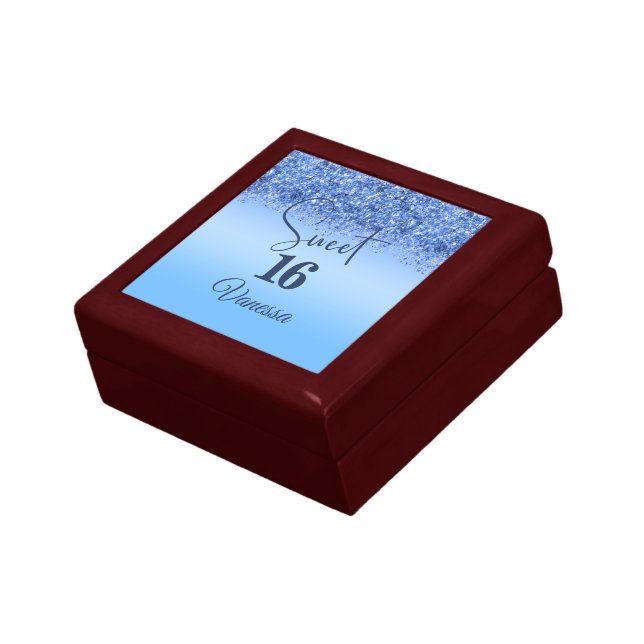 Chic Blue Faux Glitter Sweet 16 Jewelry Keepsake  Gift Box (Side)