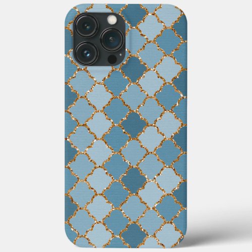 Chic Blue Faux Shiny Gold Glitter Mosaic Pattern iPhone 13 Pro Max Case