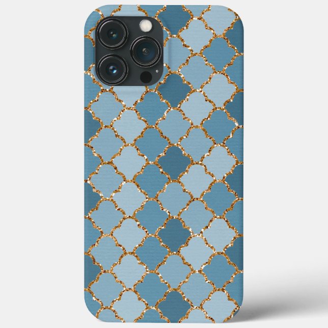 Chic Blue Faux Shiny Gold Glitter Mosaic Pattern Case-Mate iPhone Case (Back)