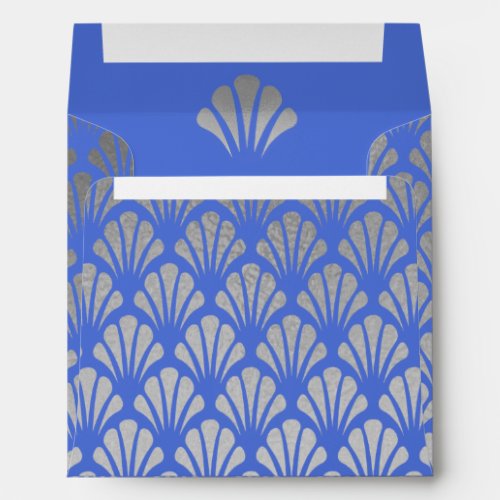 Chic Blue Faux Silver Foil Art Deco Fans Pattern Envelope