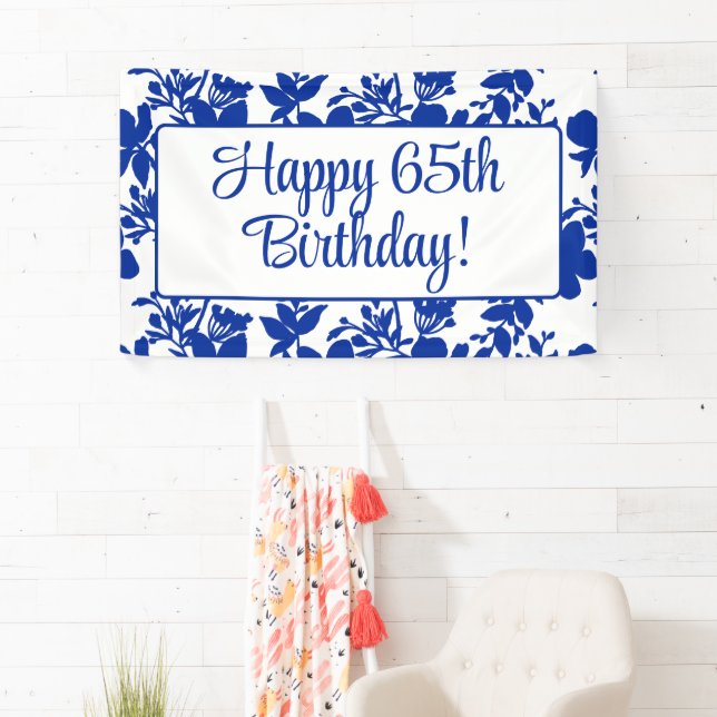 Chic Blue Floral 65th Birthday Party Banner (Insitu)