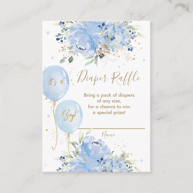 Chic Blue Floral Balloons Baby Boy Diaper Raffle  Enclosure Card (Front)