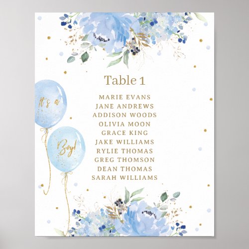 Chic Blue Floral Balloons Baby Shower Seating  Poster