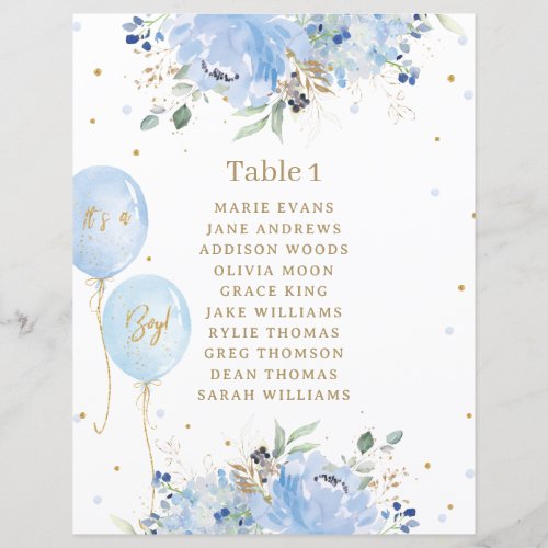 Chic Blue Floral Balloons Baby Shower Seating Sign