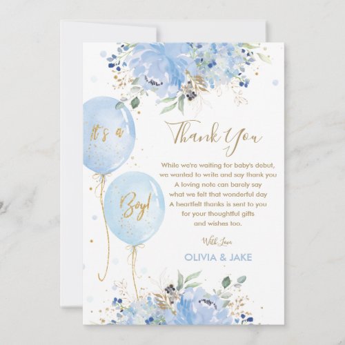 Chic Blue Floral Balloons Gold Boy Baby Shower Thank You Card