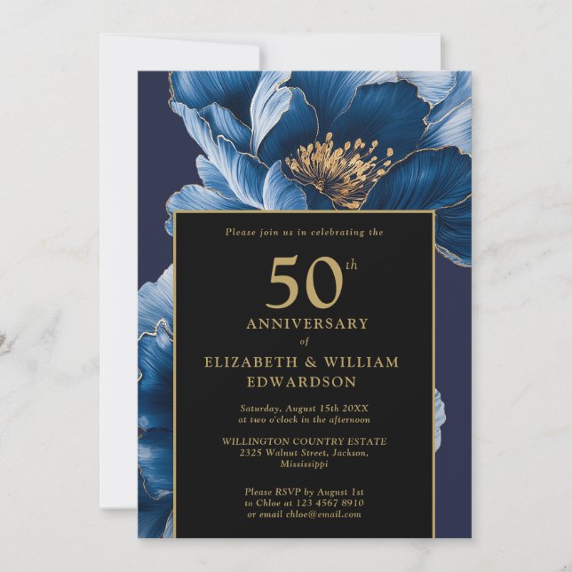 Chic Blue Floral Black And Gold 50th Anniversary Invitation (Front)