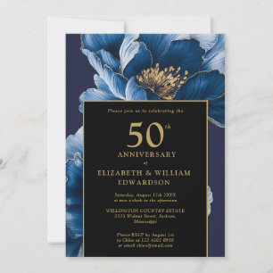 Chic Blue Floral Black And Gold 50th Anniversary Invitation