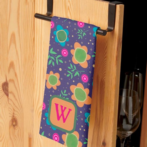 Chic Blue Floral Colorful Monogram Initial   Kitchen Towel
