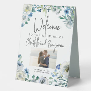 Chic Blue Floral Couple Photo Wedding Welcome Table Tent