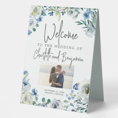 Chic Blue Floral Couple Photo Wedding Welcome Table Tent