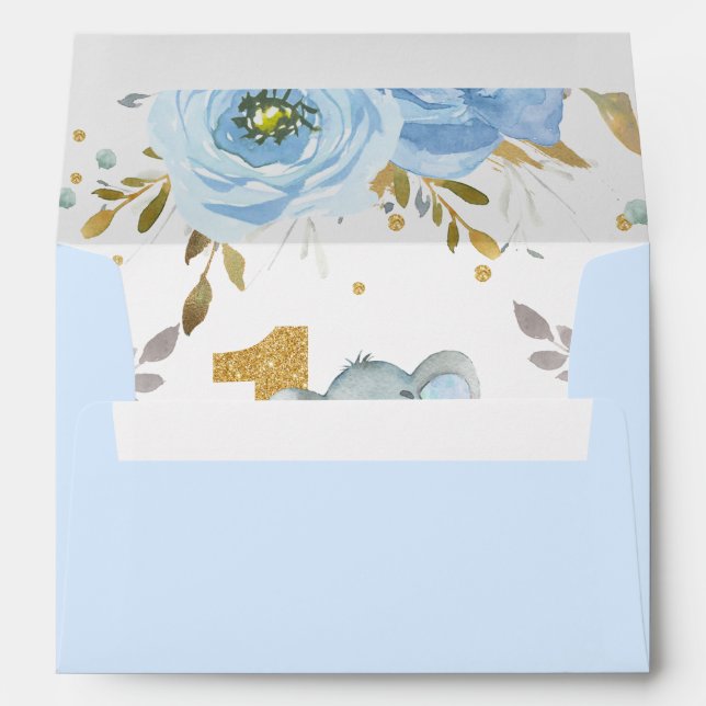 Chic Blue Floral Elephant 1st Birthday A7 Envelope (Back (Bottom))