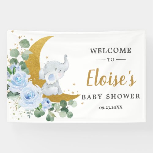 Chic Blue Floral Elephant Baby Shower Backdrop Banner