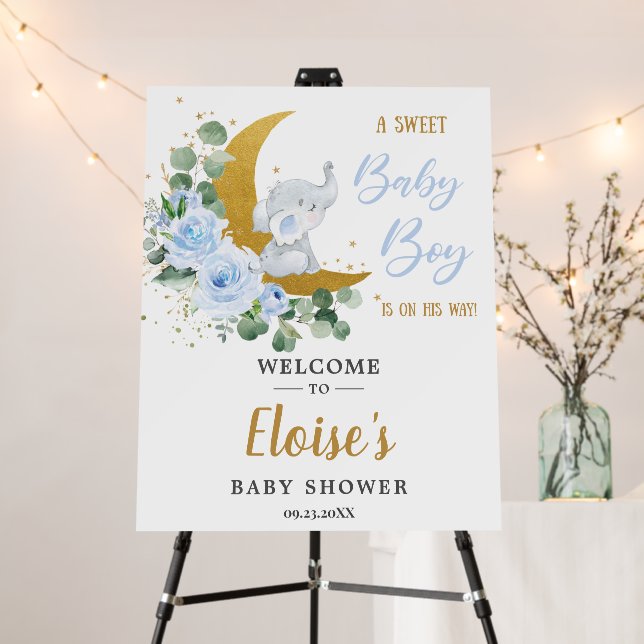 Chic Blue Floral Elephant Boy Baby Shower Welcome  Foam Board (In Situ (Stand))