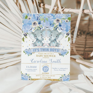 Chic Blue Floral Elephant Twins Baby Shower Boys Invitation