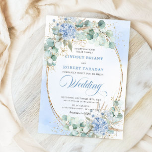 Chic Blue Floral Eucalyptus Gold Oval Wedding  Invitation