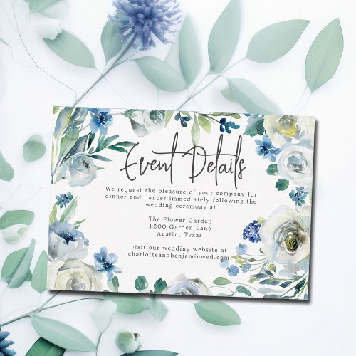 Chic Blue Floral Garden Wedding Event Details Enclosure Card