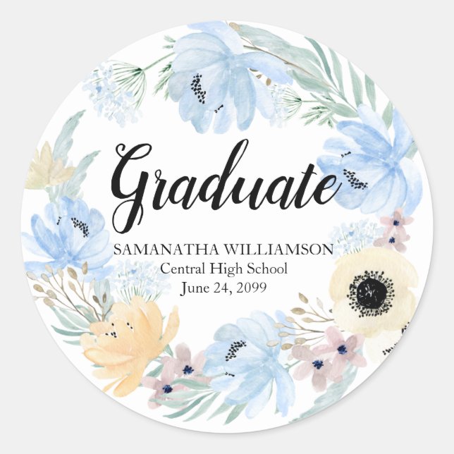 Chic Blue Floral Graduation Envelope Seal (Front)