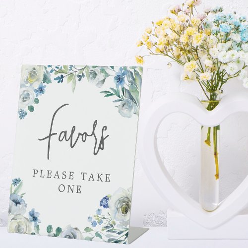 Chic Blue Floral Handwritten Script Wedding Favors Pedestal Sign