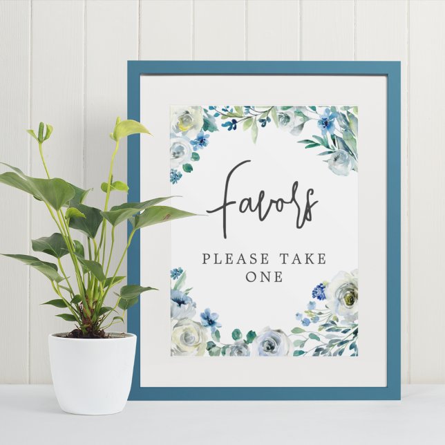 Chic Blue Floral Handwritten Script Wedding Favors Poster (Creator Uploaded)