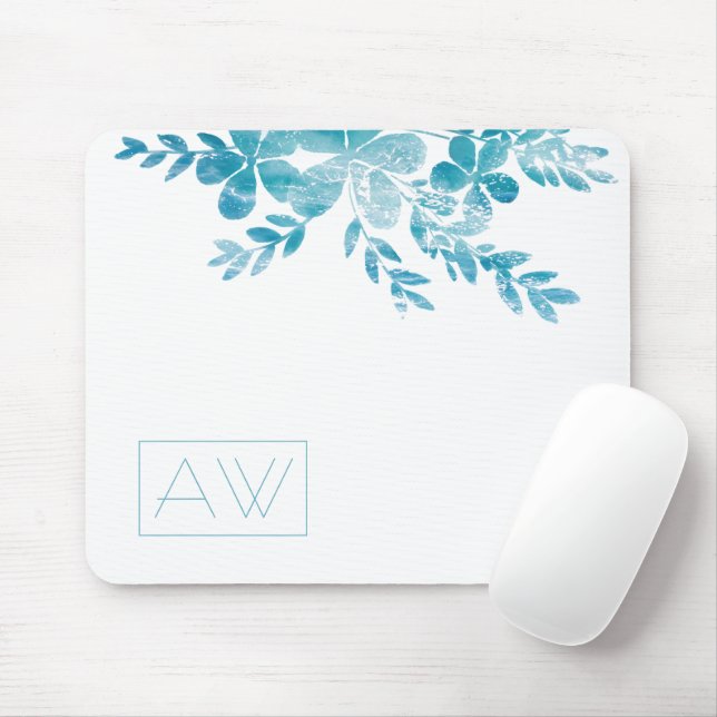 Chic Blue Floral Monogram Mouse Pad (With Mouse)