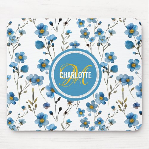 Chic blue floral pattern monogrammed name mouse pad